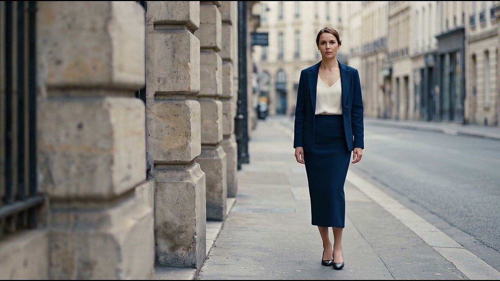 Une femme en ensemble Clémence Paris, veste et jupe midi en crêpe bleu encre, debout dans une rue de Paris au petit matin.