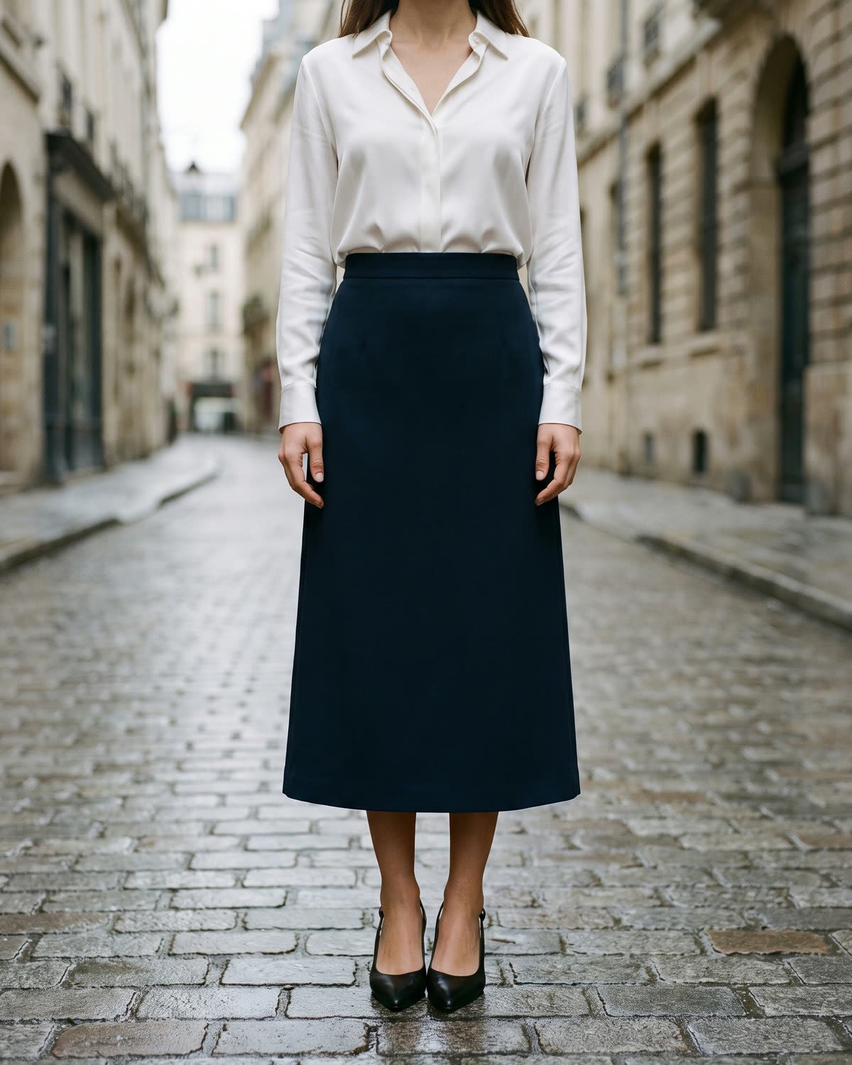 Chemise Bastille portée dans une rue de Paris&nbsp;: chemise en soie blanche rentrée dans une jupe midi bleu encre.