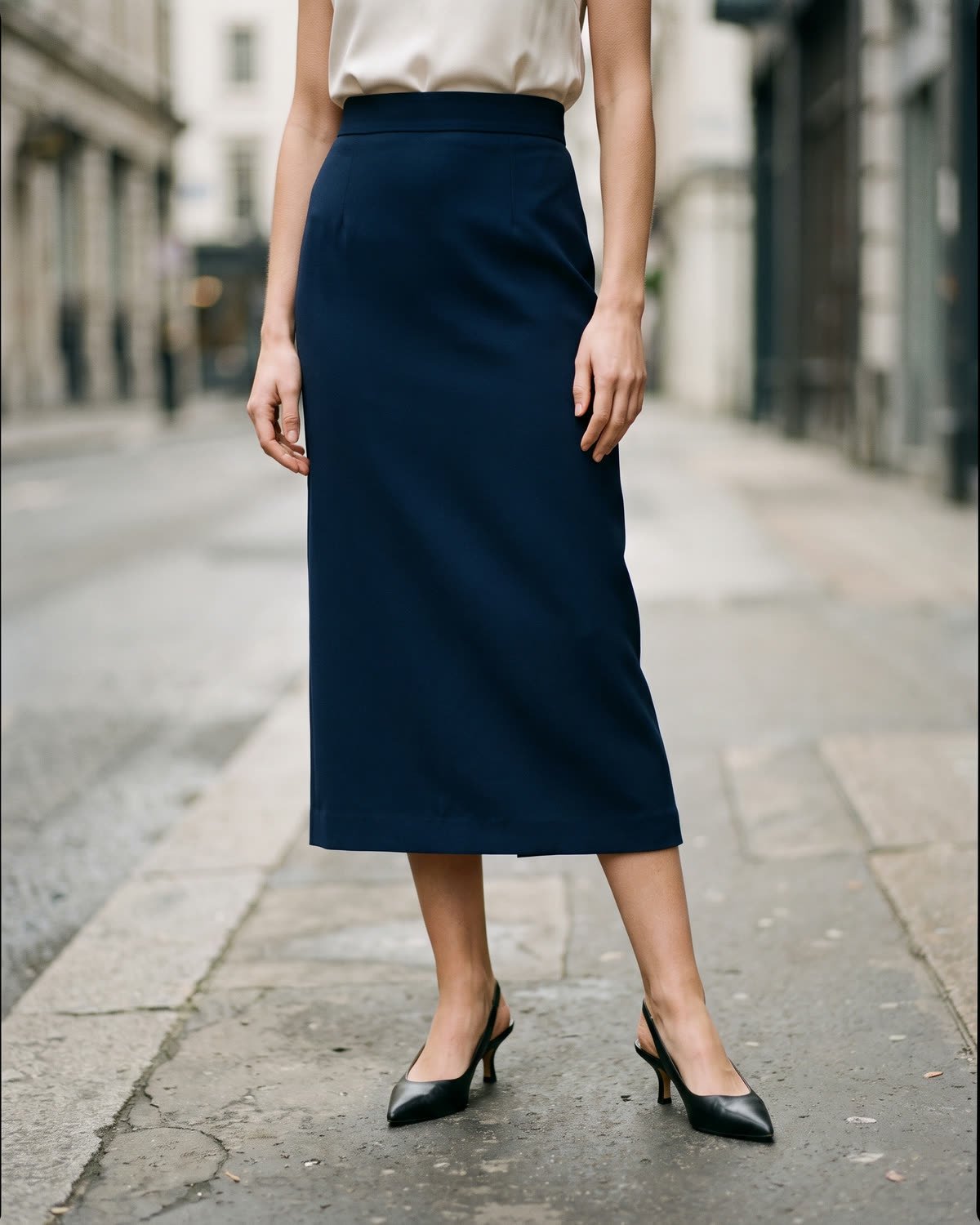 Jupe Odéon&nbsp;: jupe midi droite en crêpe de laine et soie bleu encre, taille haute, avec un haut ivoire.