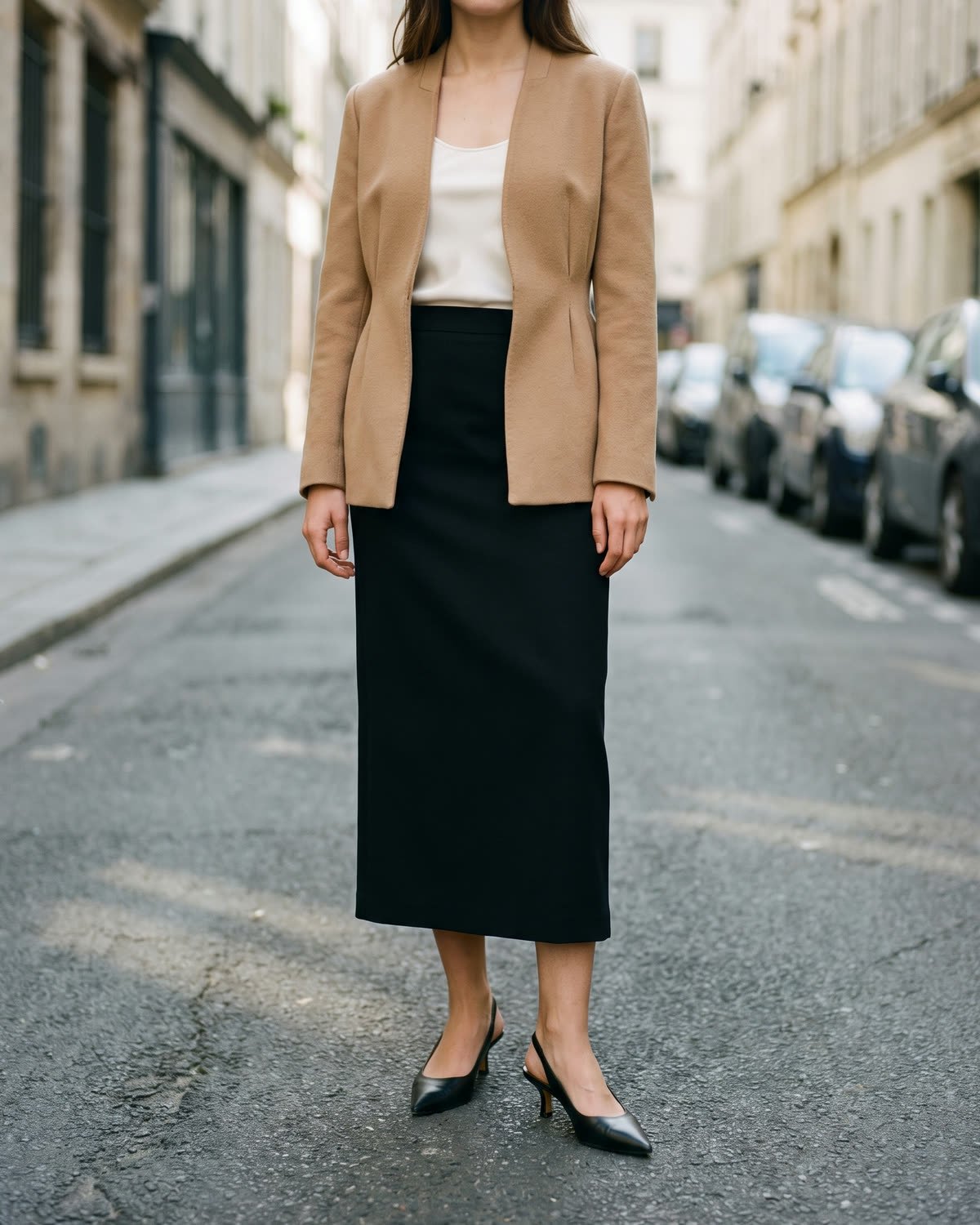 Veste Louvre portée dans une rue de Paris&nbsp;: veste cintrée en laine camel, ouverte sur un haut ivoire, avec une jupe midi noire.