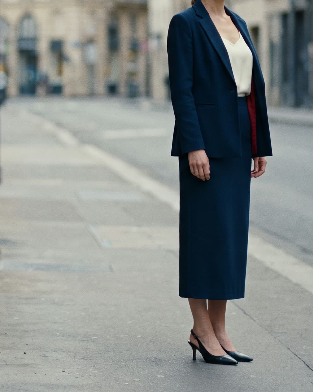 Ensemble Odéon porté dans une rue de Paris&nbsp;: veste droite et jupe midi en crêpe de laine et soie, bleu encre.